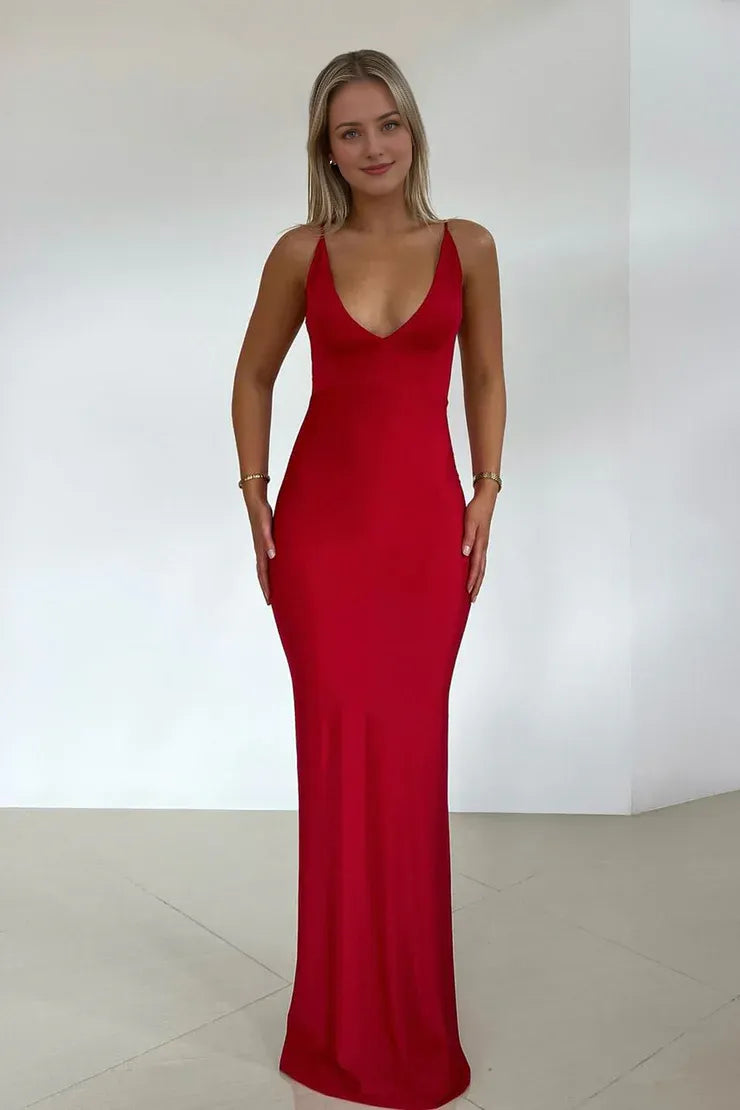Robe de bal longue en satin rouge à dos nu et col en V style sirène